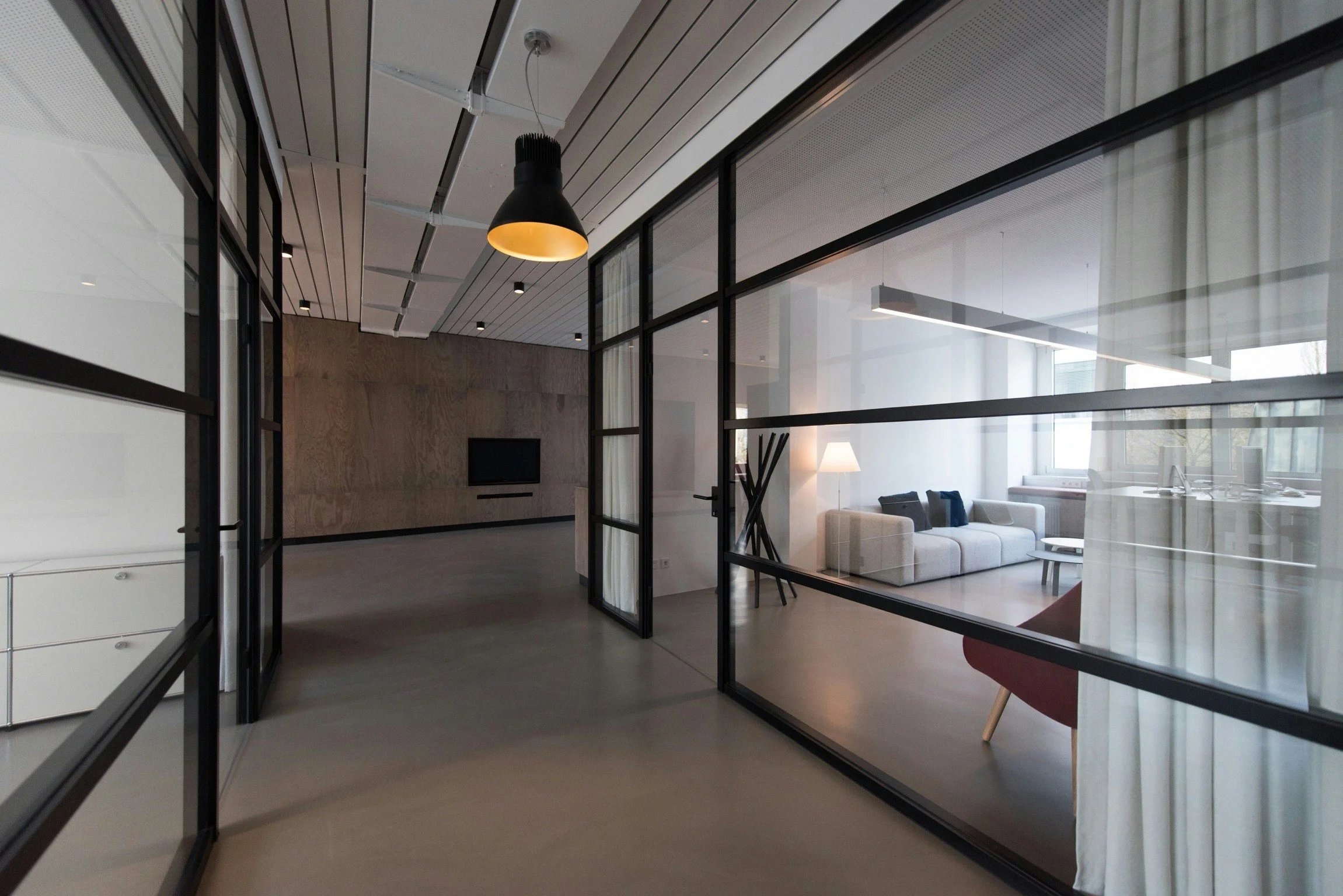 Modern living room seen through black-framed glass doors